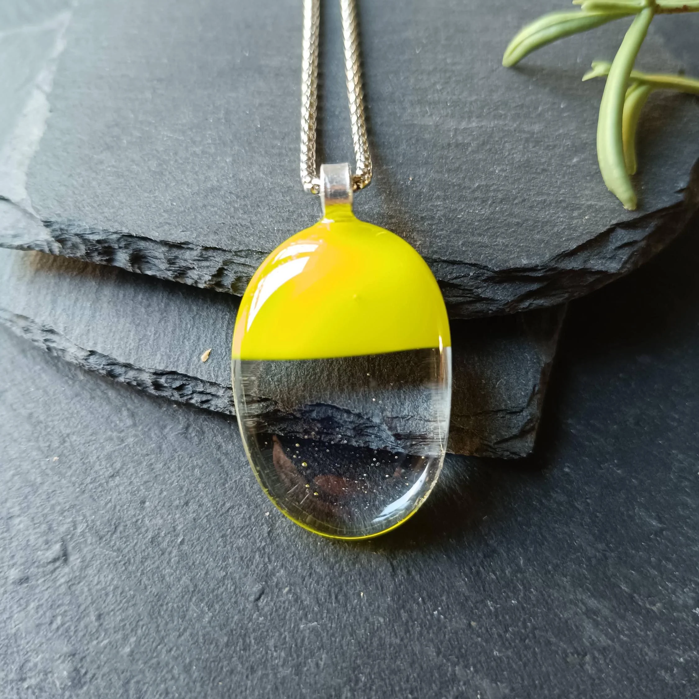 Handcrafted lime green and transparent fused glass pendant necklace, artisan handmade jewellery - Photo 1