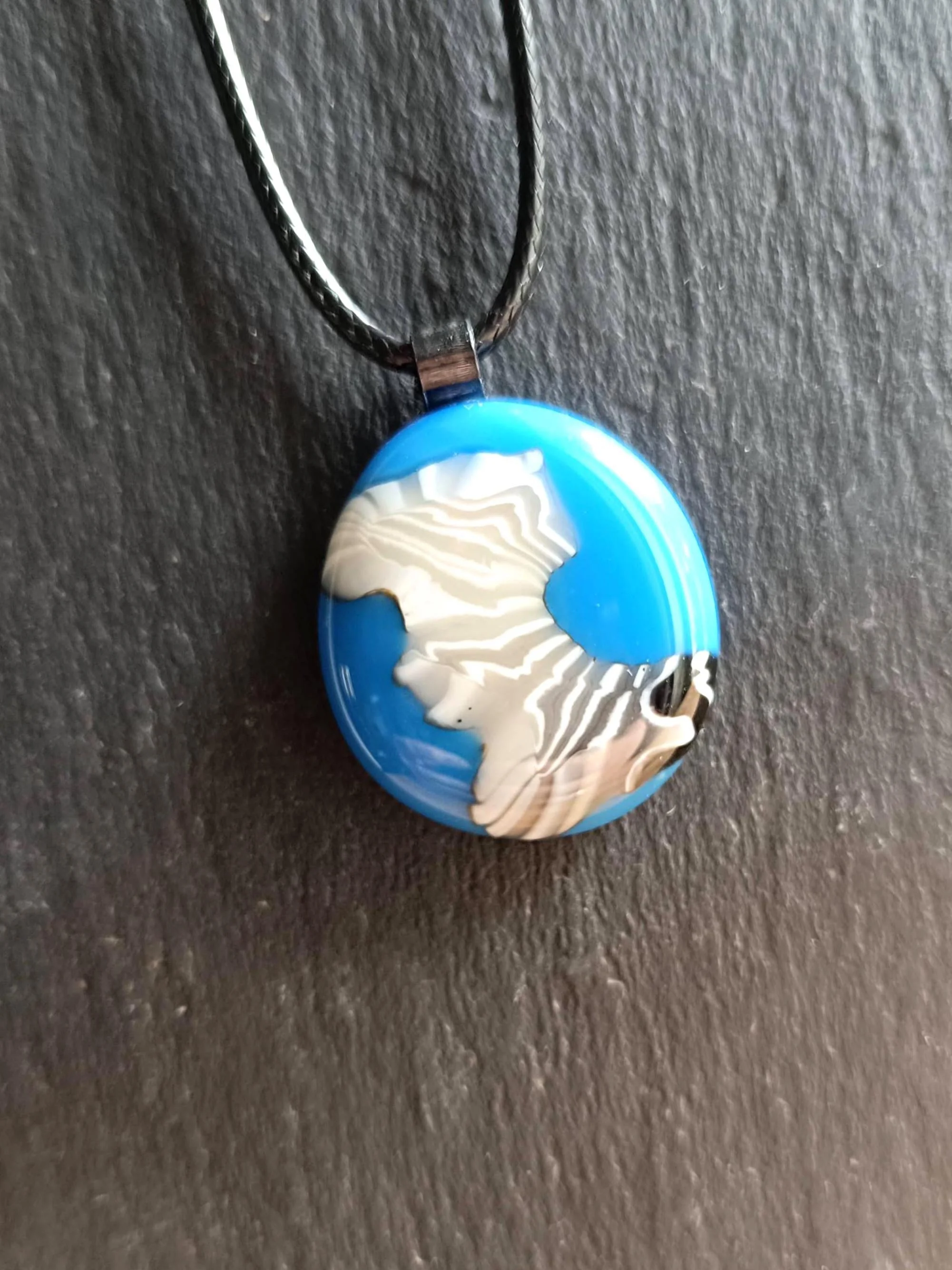 Blue and White Swirl Handmade Fused Glass Pendant with Necklace, Handmade Artisan Jewellery - Photo 1