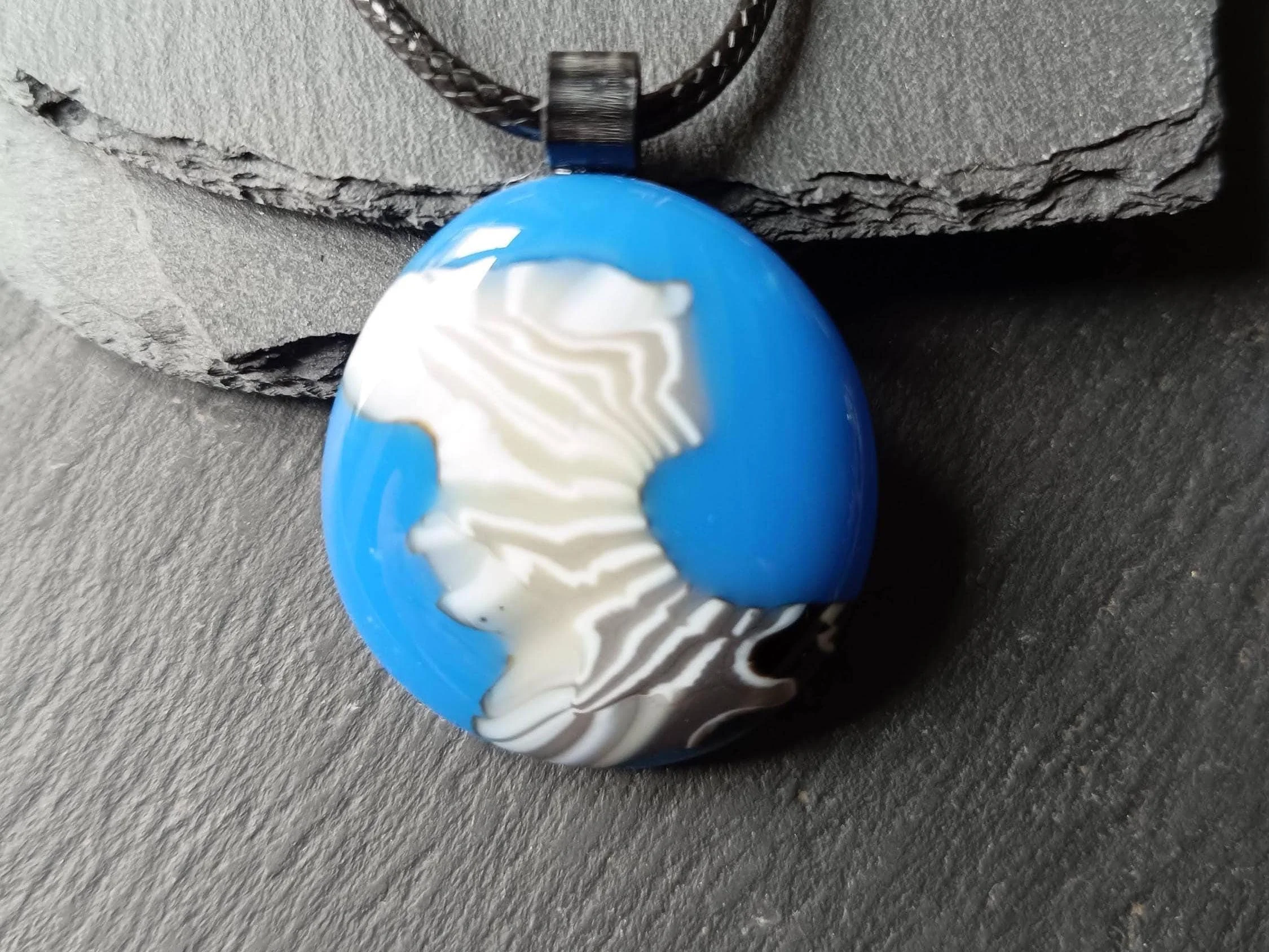 Blue and White Swirl Handmade Fused Glass Pendant with Necklace, Handmade Artisan Jewellery - Photo 2