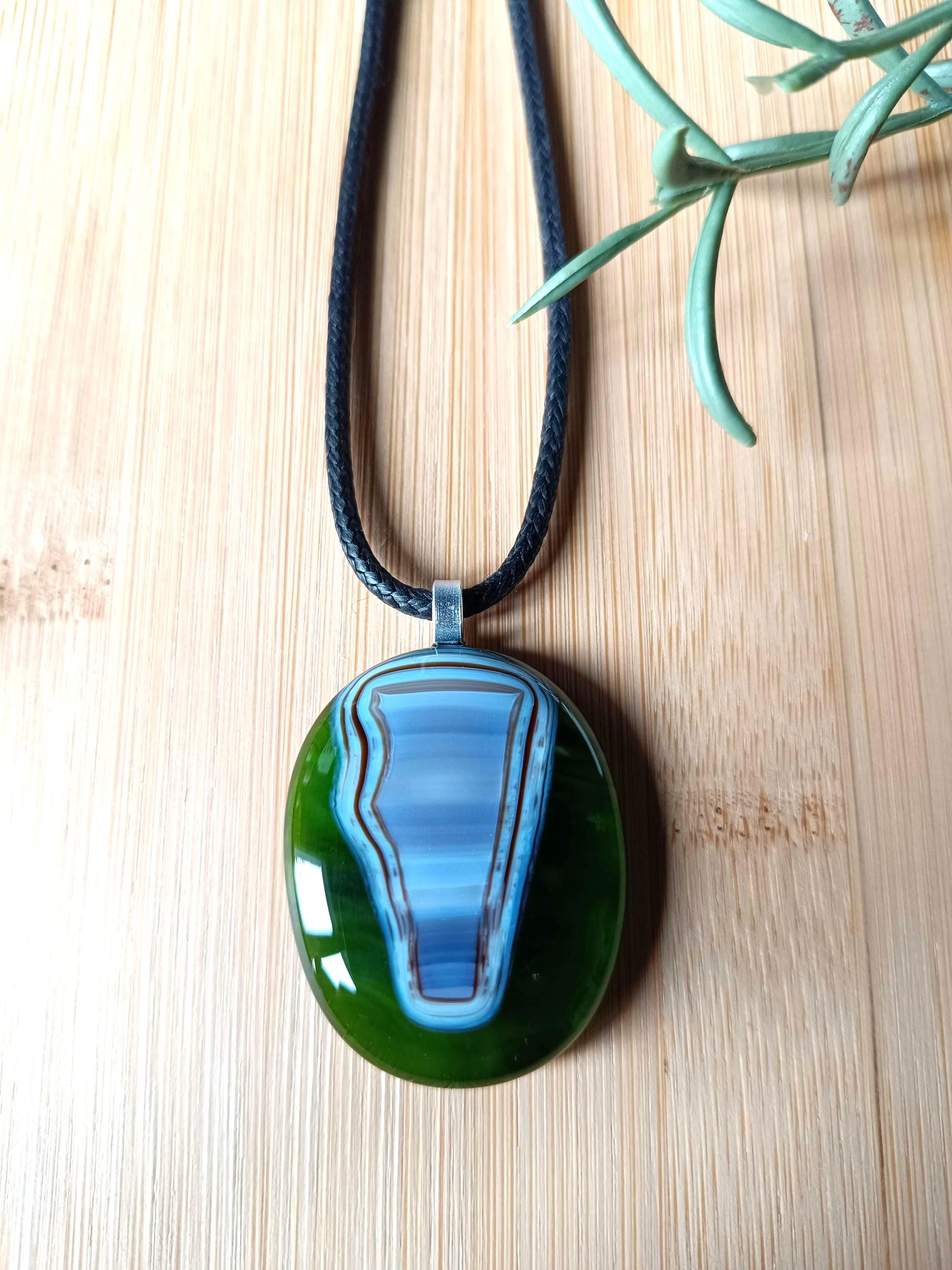 Handmade Green Fused Glass Pendant, Abstract Cord Necklace - Photo 4