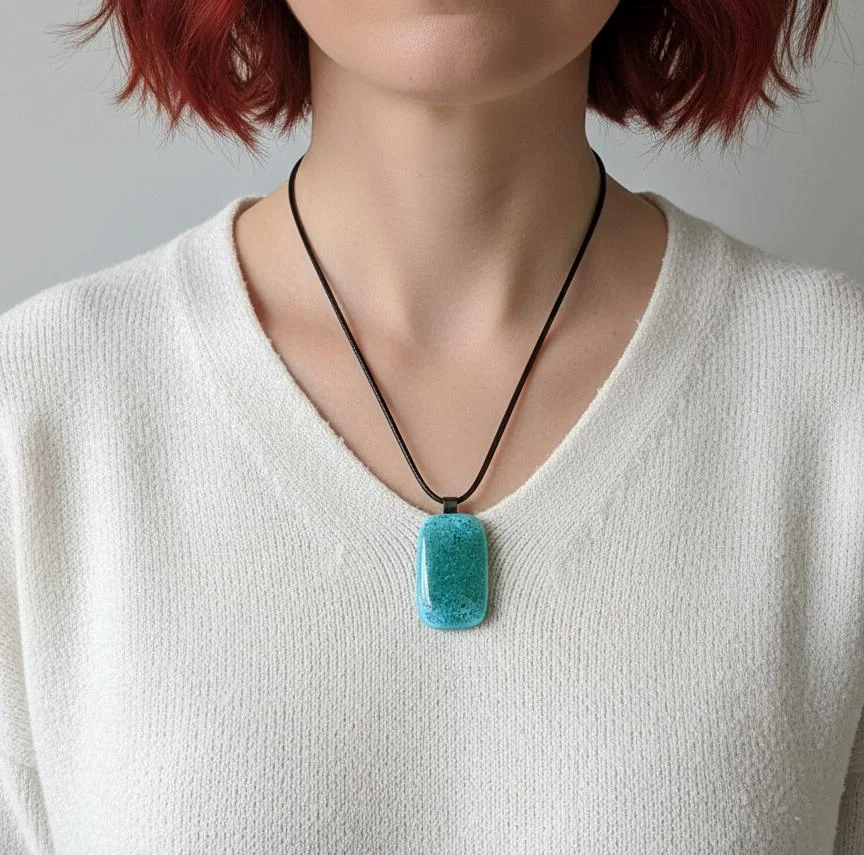 Turquoise blue crackle fused glass pendant necklace - Photo 3