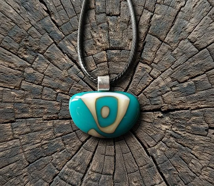 Turquoise and vanilla fused glass pendant necklace - Photo 1