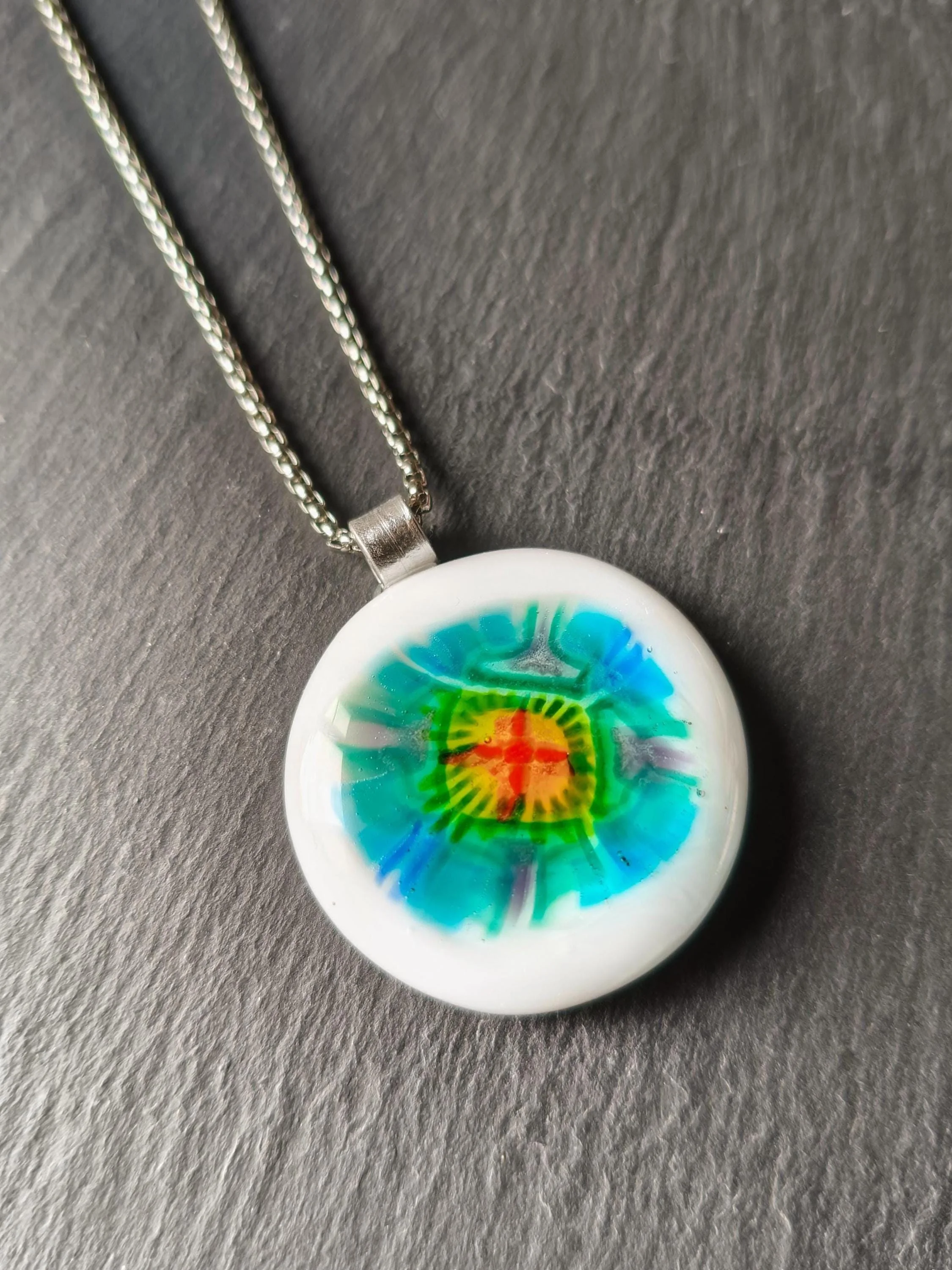 Multicoloured Handmade Flower inspired Fused Glass Pendant Necklace - Photo 1