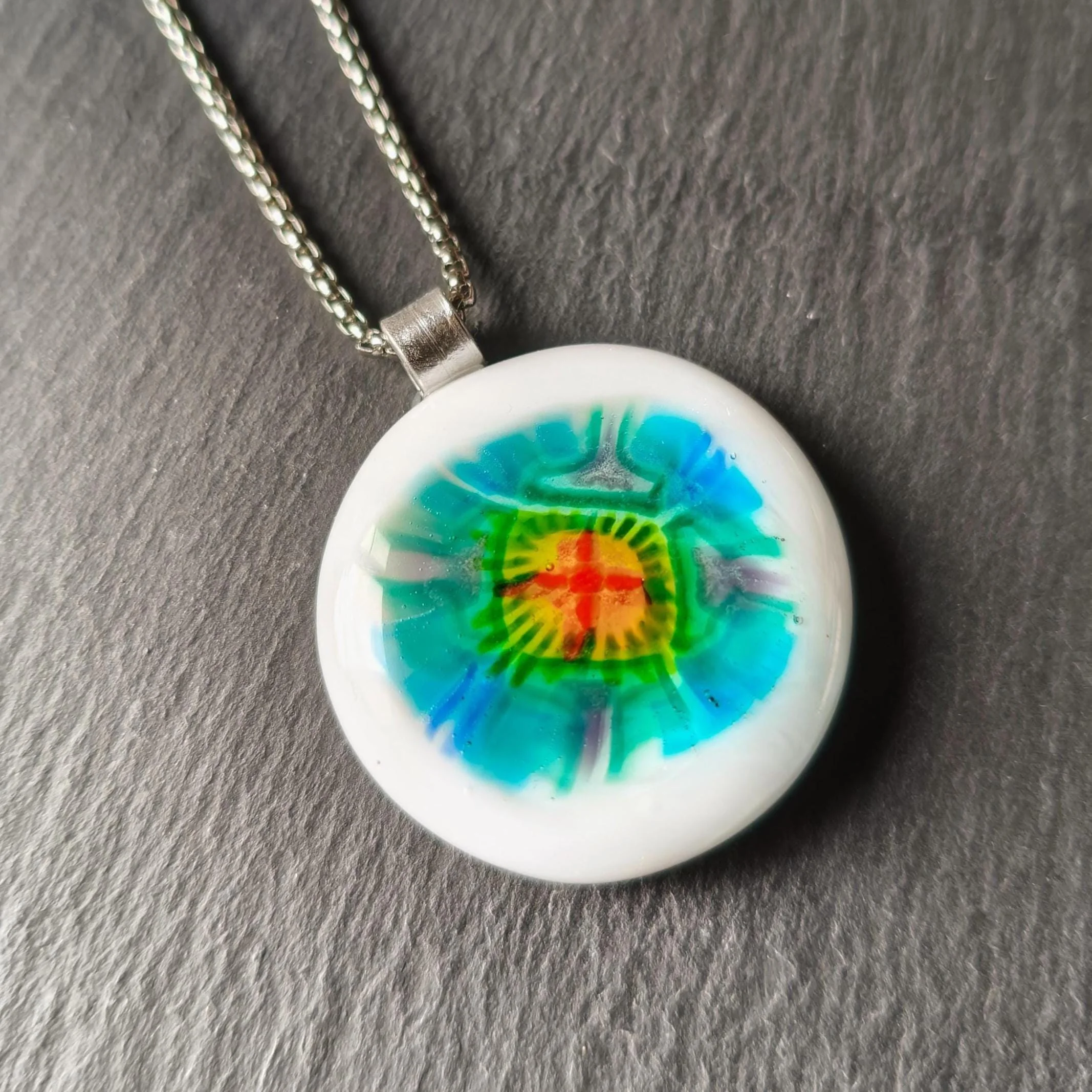 Multicoloured Handmade Flower inspired Fused Glass Pendant Necklace - Photo 5