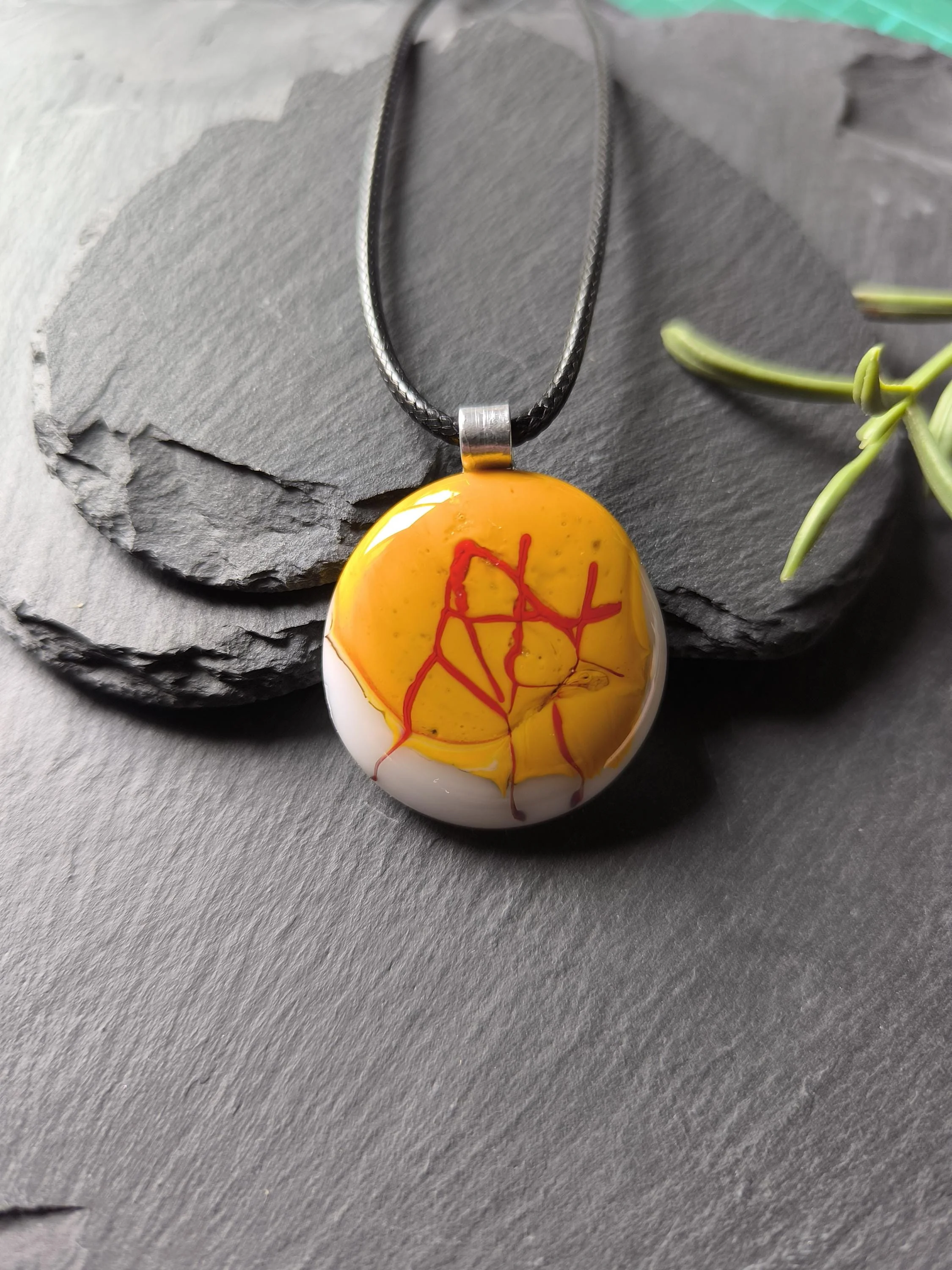Handmade mustard yellow fused glass pendant necklace - Photo 3
