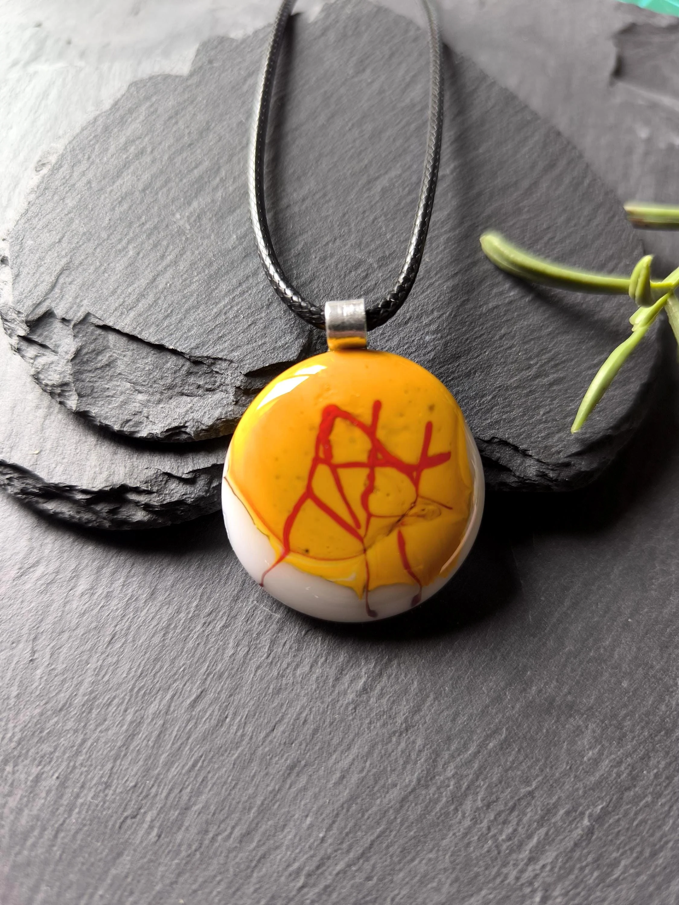 Handmade mustard yellow fused glass pendant necklace - Photo 5