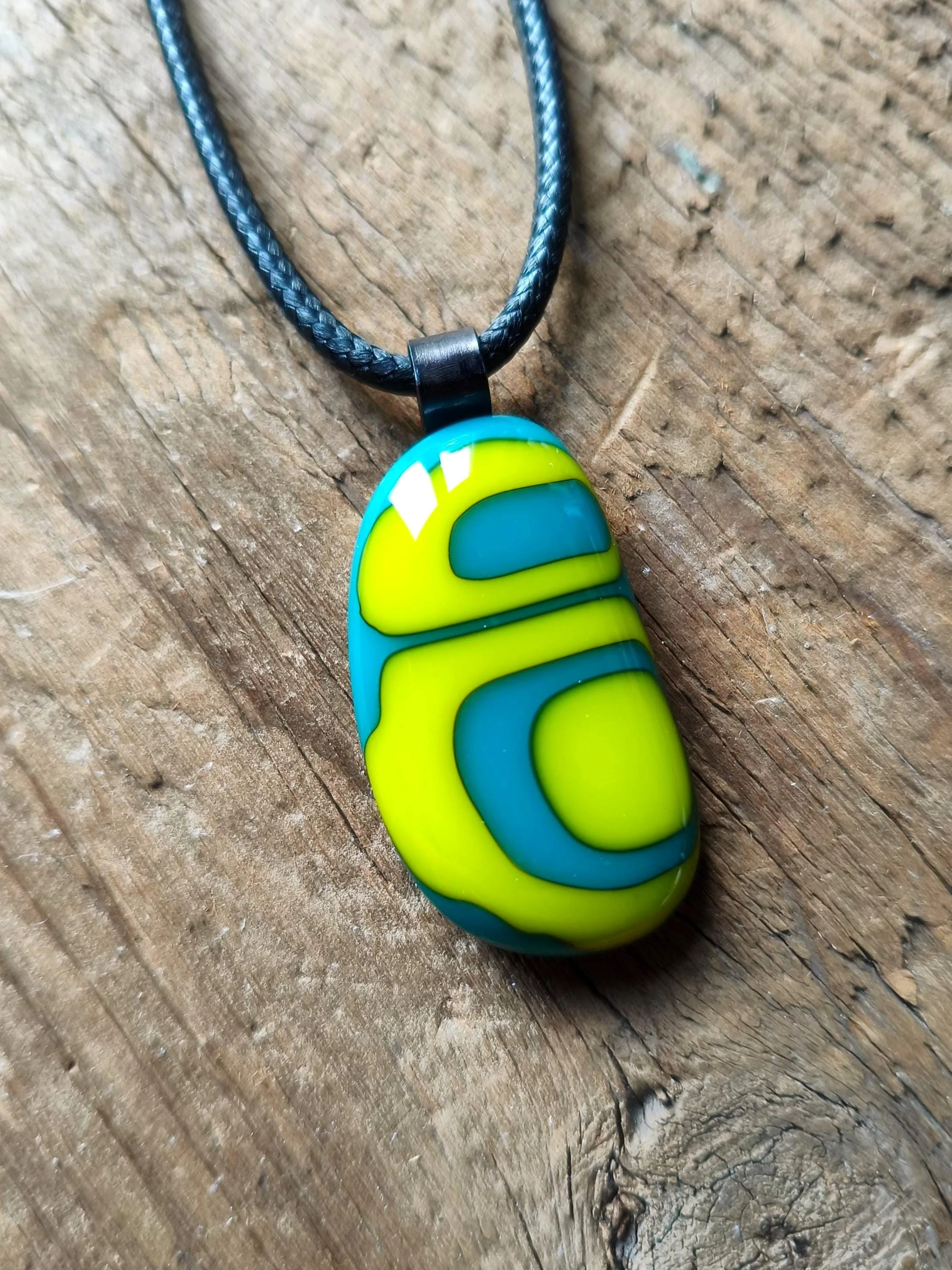 Handcrafted turquoise and lime glass abstract pendant necklace - Photo 1