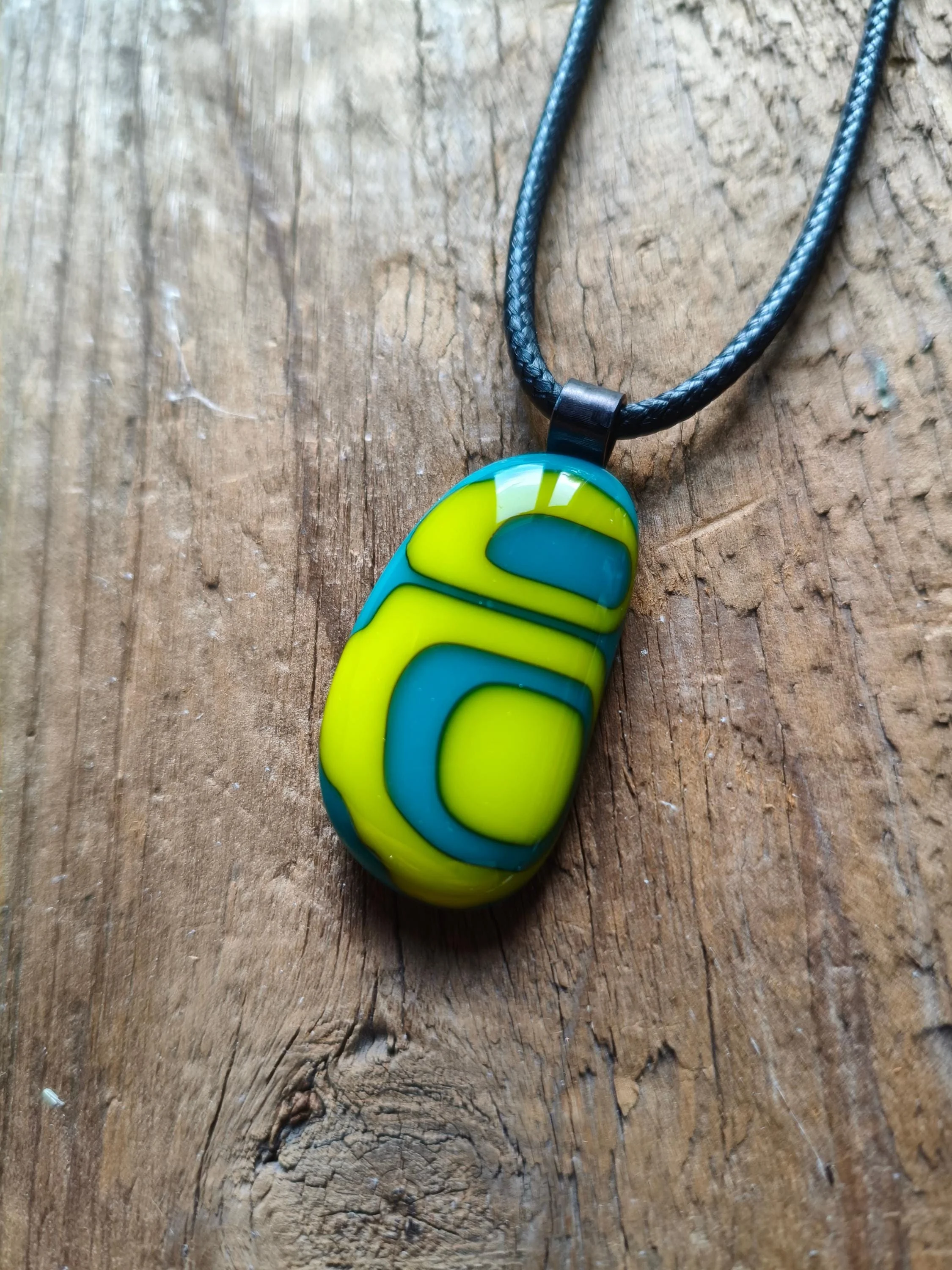 Handcrafted turquoise and lime glass abstract pendant necklace - Photo 5