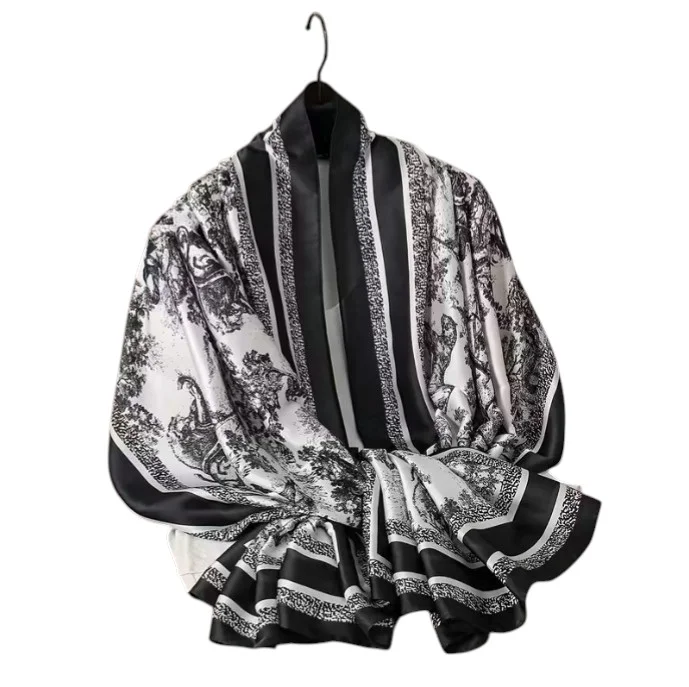 Foulard long femme 180 x 90 cm Polyester effet soie JUNGLE NOIR BLANC 130023