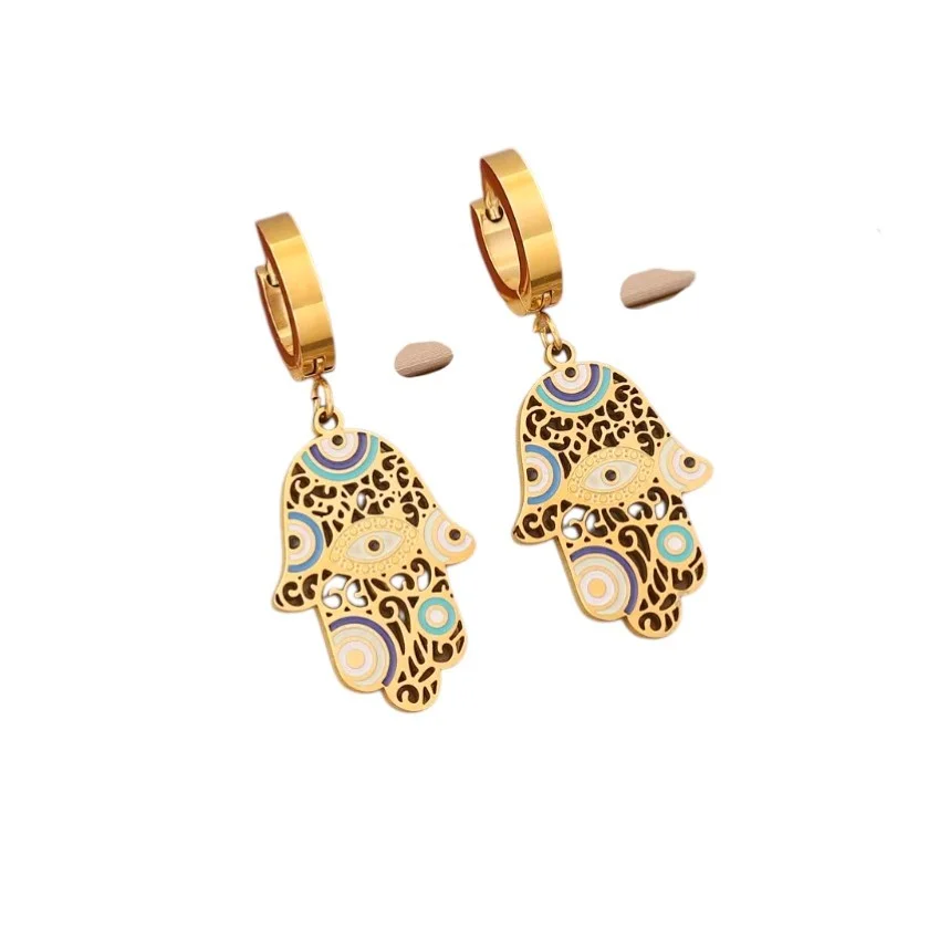 Boucles d'oreille dormeuse femme acier inoxydable doré MAUVAIS OEIL - Photo 1