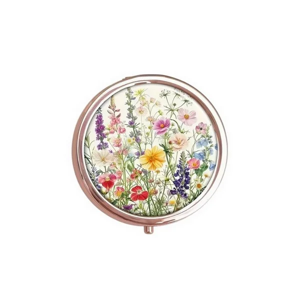 Pilulier boite à médicaments de poche rond cuivre CHAMP DE FLEURS